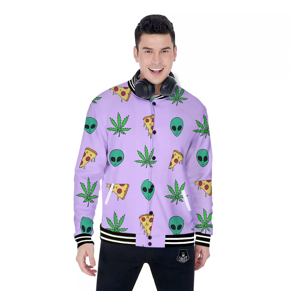 Ufo Pizza Trippy Print Pattern Baseball Jacket-grizzshop