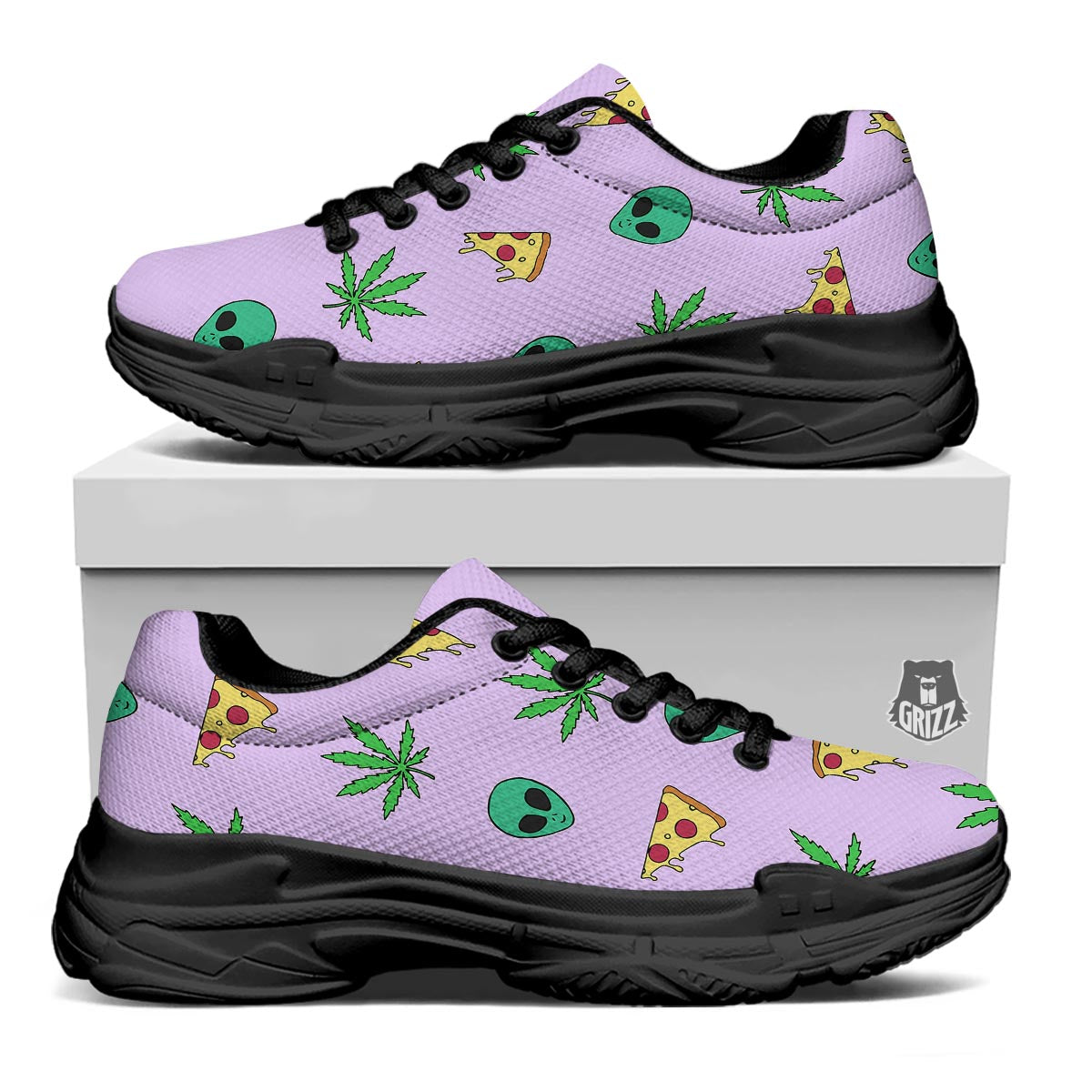 Ufo Pizza Trippy Print Pattern Black Chunky Shoes-grizzshop