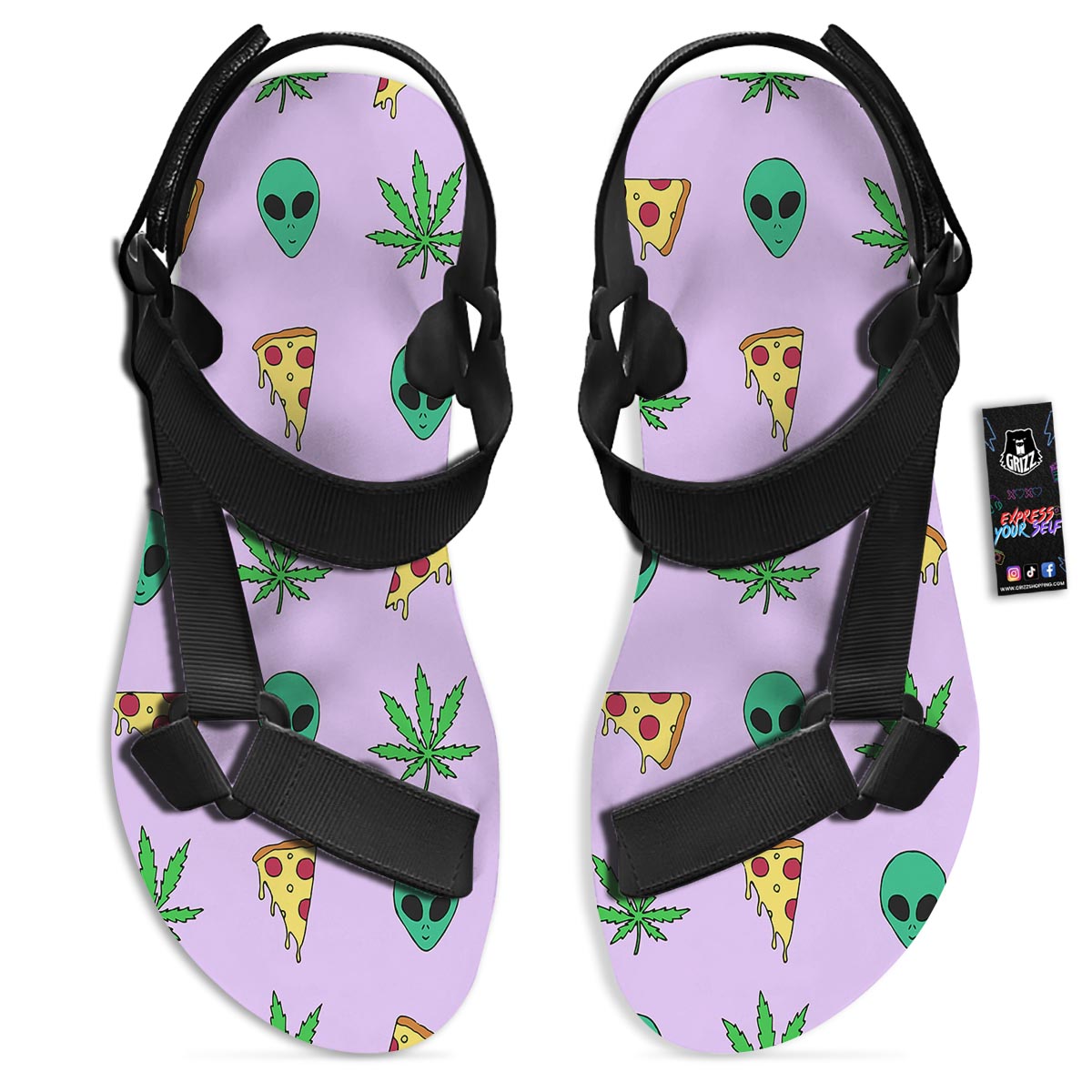 Ufo Pizza Trippy Print Pattern Black Open Toe Sandals-grizzshop
