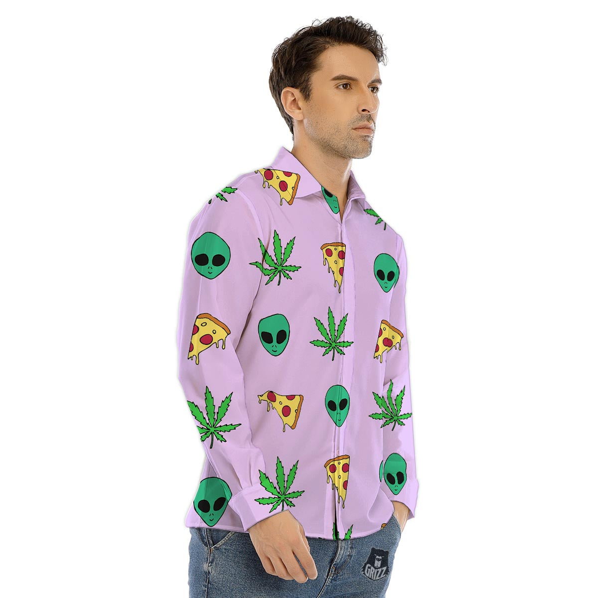 Ufo Pizza Trippy Print Pattern Men's Dress Shirts-grizzshop