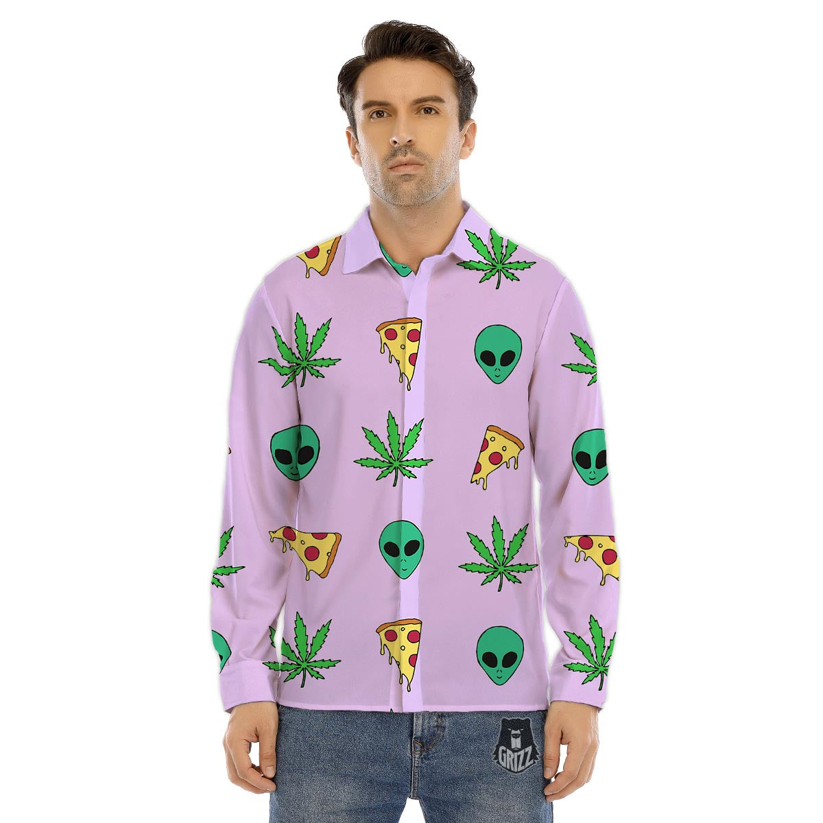 Ufo Pizza Trippy Print Pattern Men's Dress Shirts-grizzshop