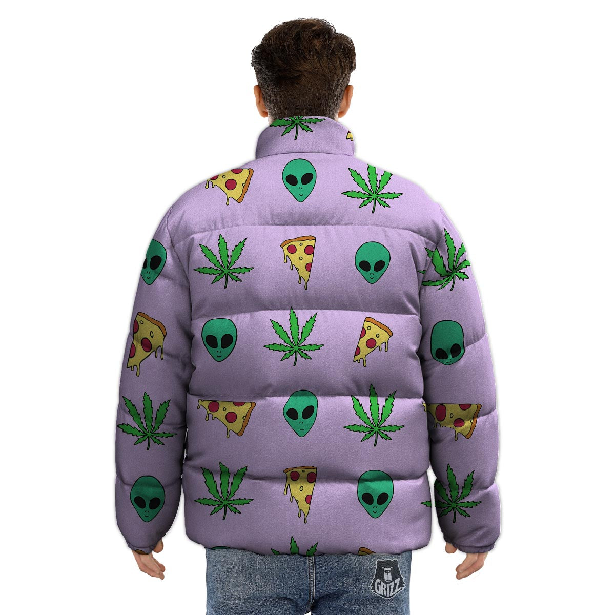Ufo Pizza Trippy Print Pattern Puffer Jacket-grizzshop