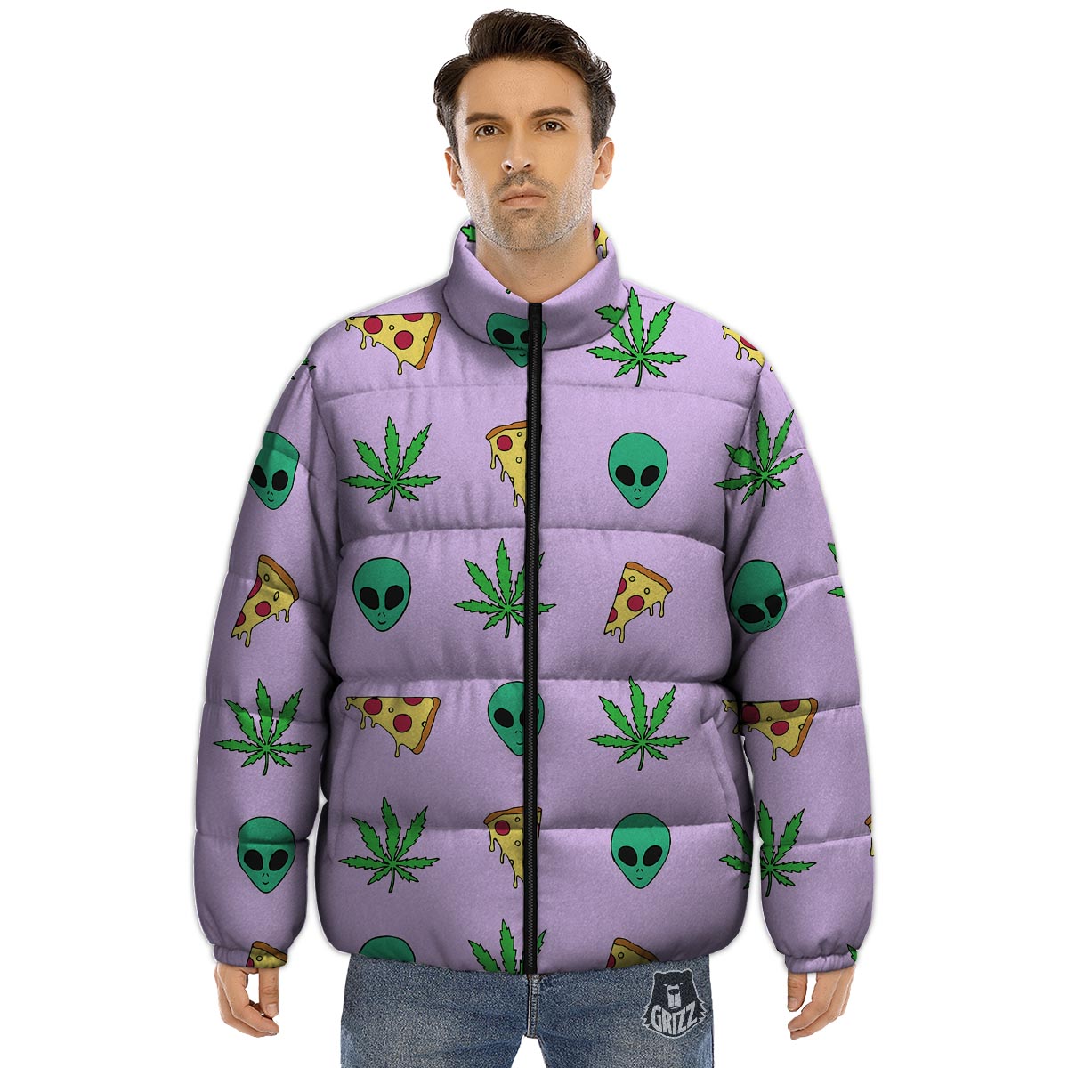 Ufo Pizza Trippy Print Pattern Puffer Jacket-grizzshop