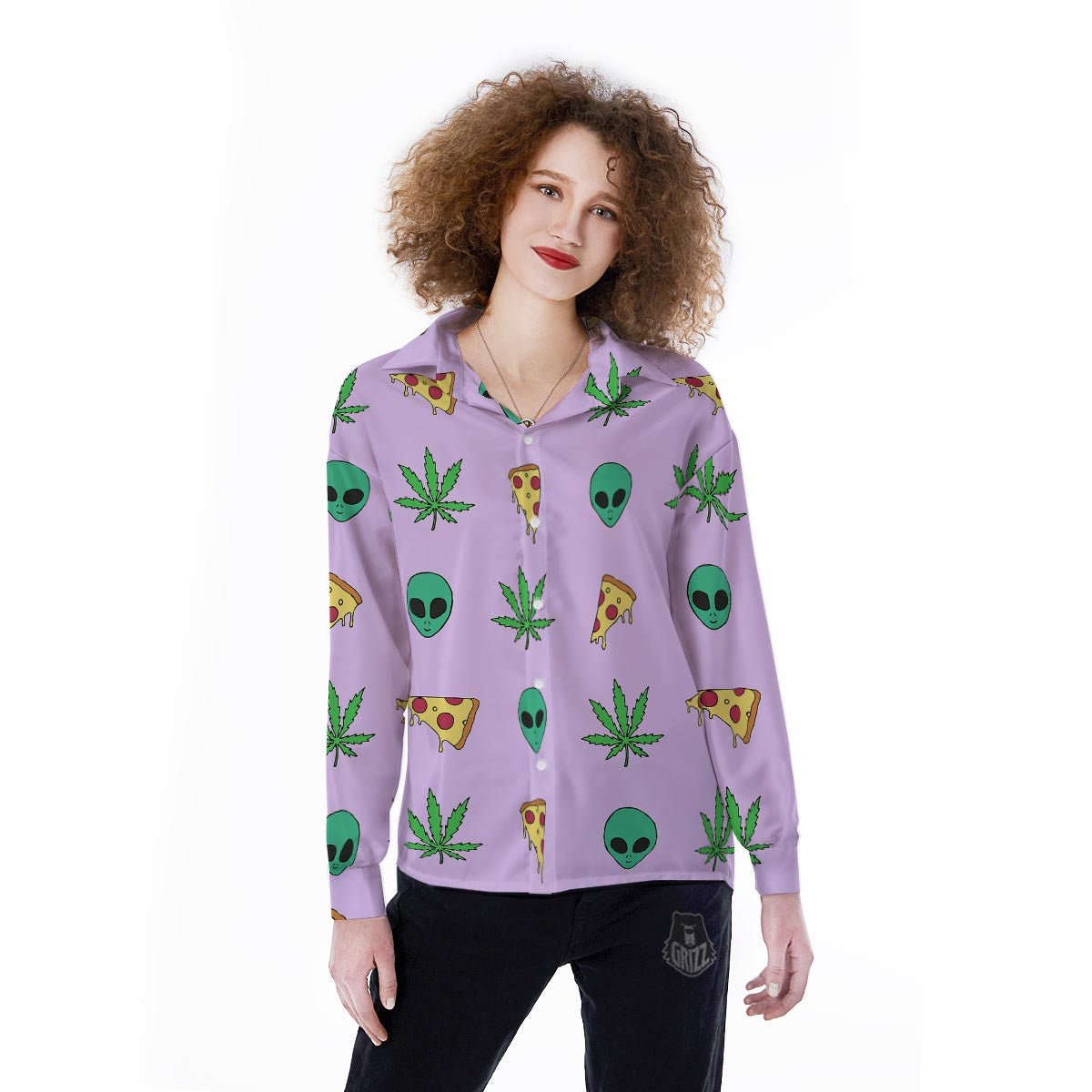 Ufo Pizza Trippy Print Pattern Women's Long Sleeve Shirts-grizzshop