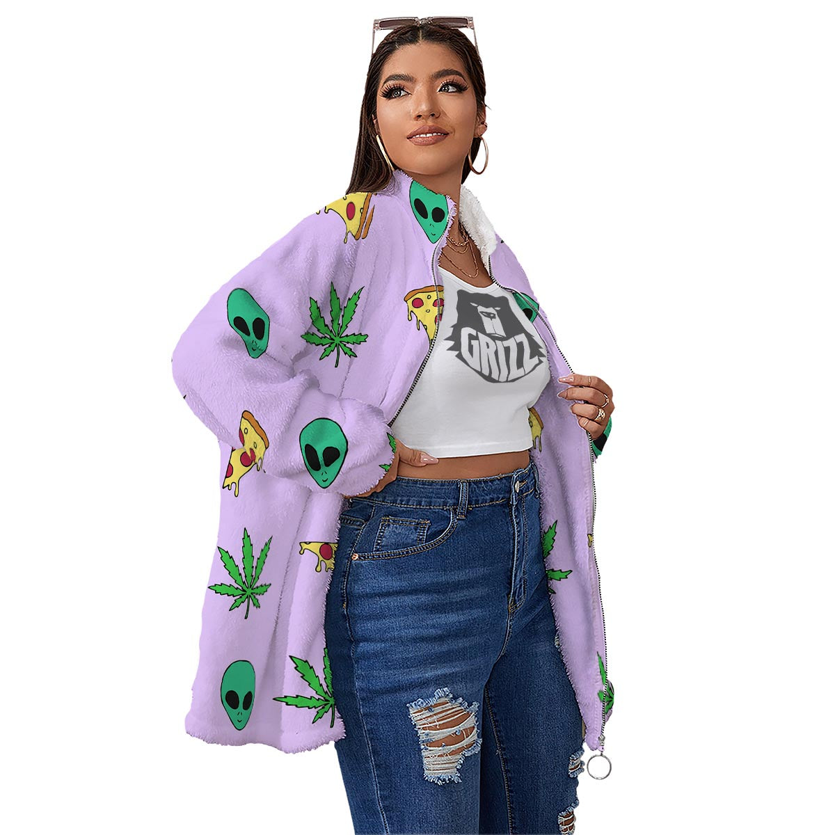 Ufo Pizza Trippy Print Pattern Women's Sherpa Jacket-grizzshop