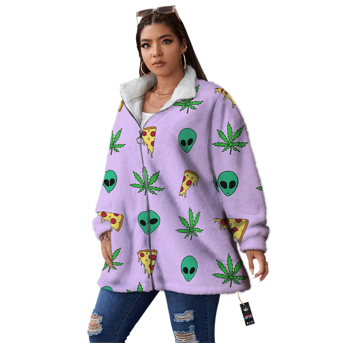 Ufo Pizza Trippy Print Pattern Women's Sherpa Jacket-grizzshop