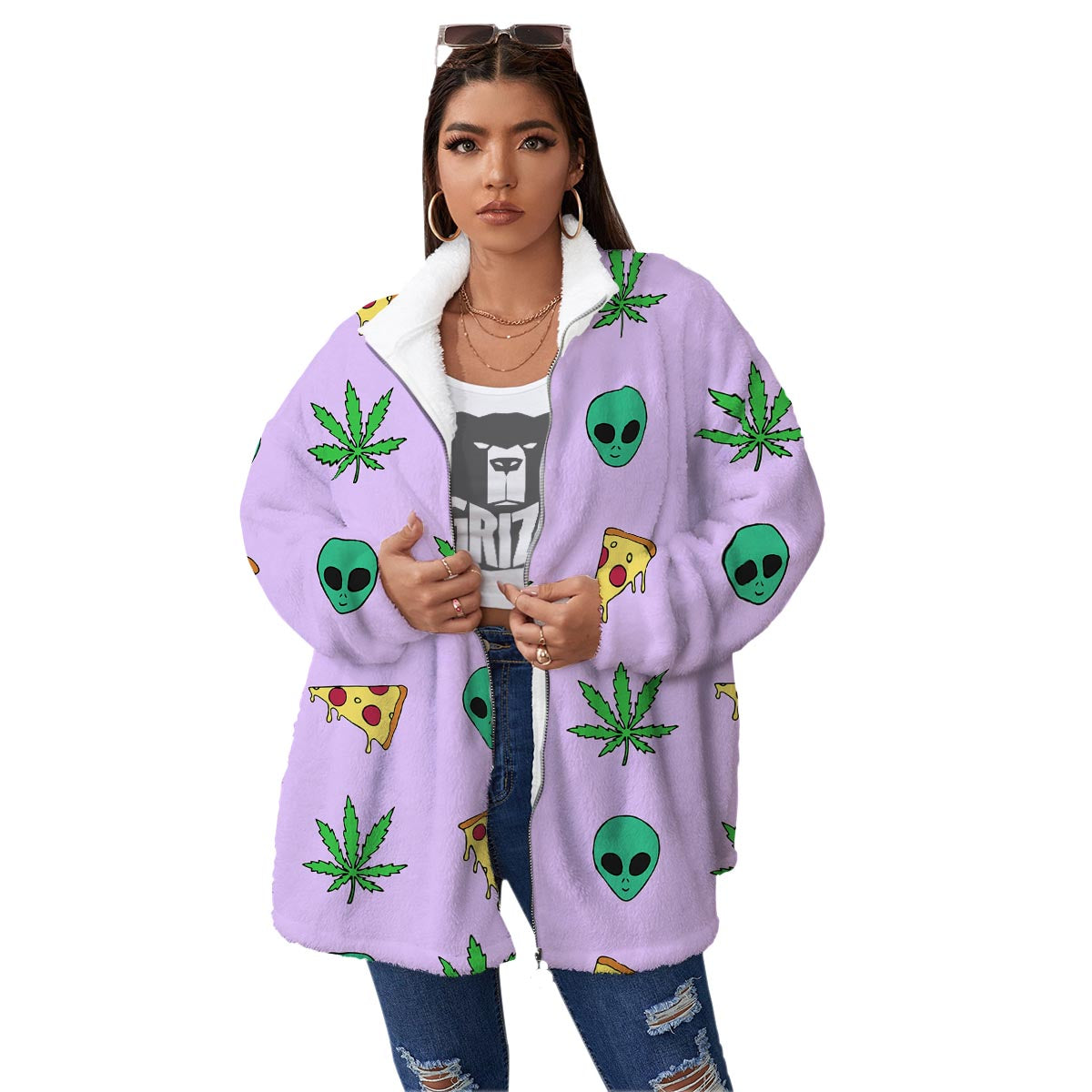 Ufo Pizza Trippy Print Pattern Women's Sherpa Jacket-grizzshop