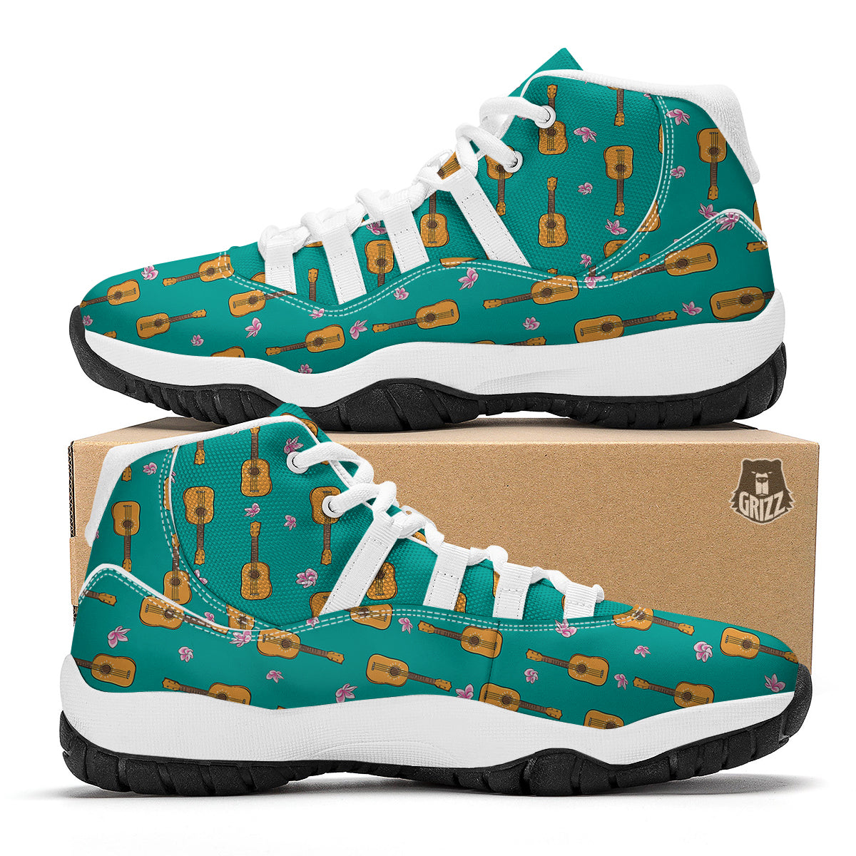 Ukulele And Floral Print Pattern White Bball Shoes-grizzshop