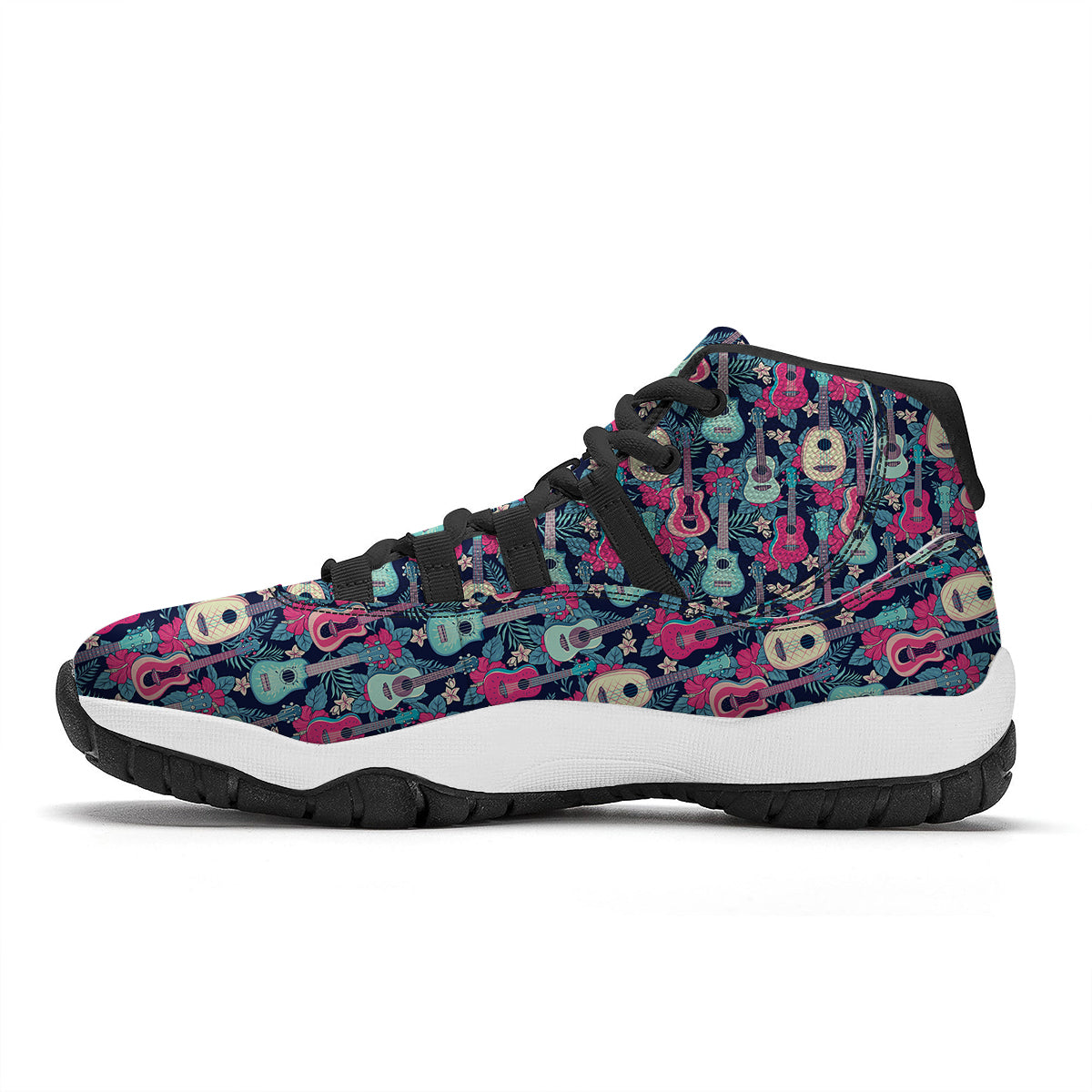 Ukulele And Hibiscus Print Pattern Black Bball Shoes-grizzshop