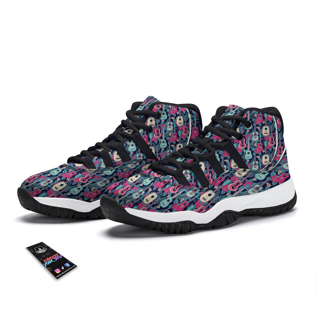 Ukulele And Hibiscus Print Pattern Black Bball Shoes-grizzshop