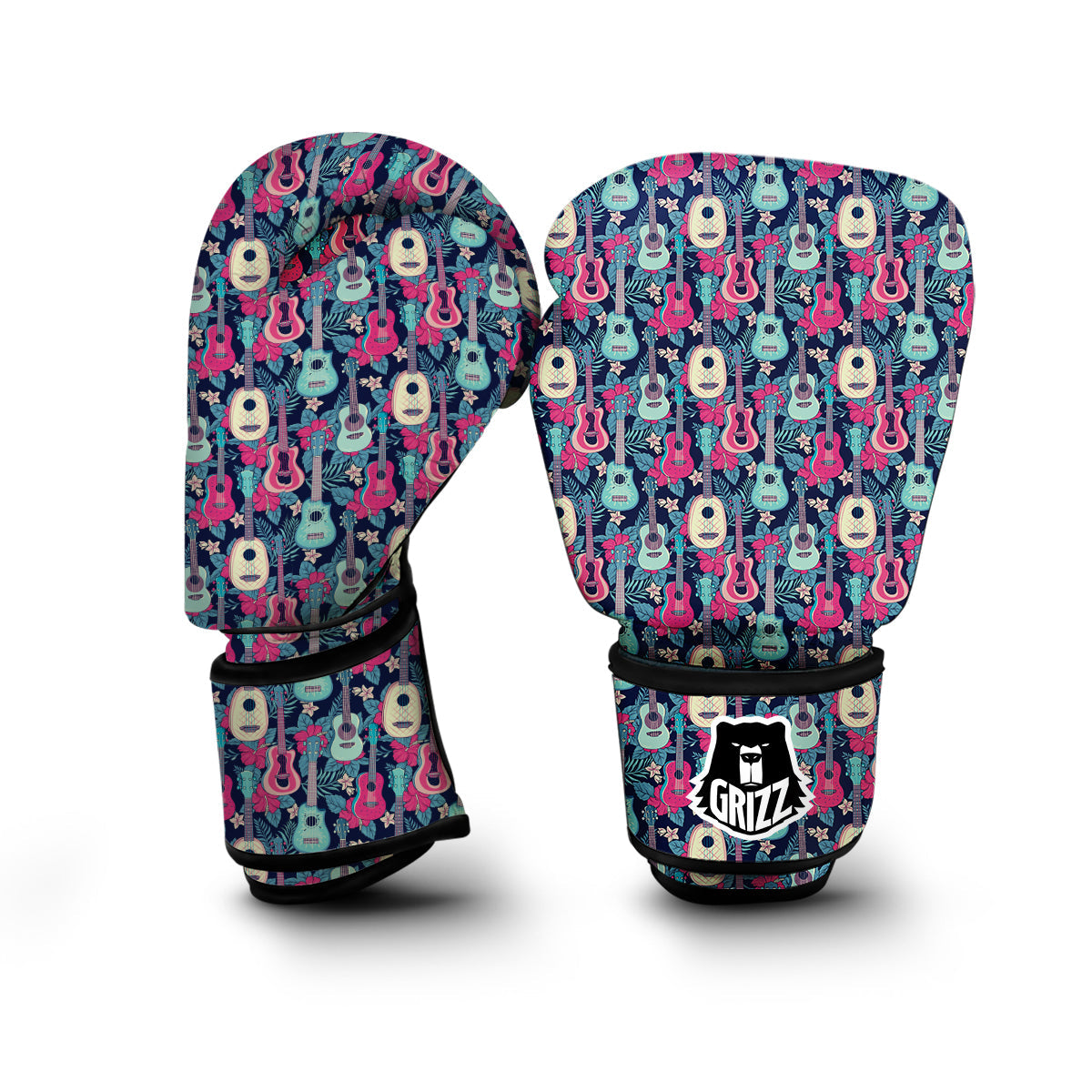 Ukulele And Hibiscus Print Pattern Boxing Gloves-grizzshop