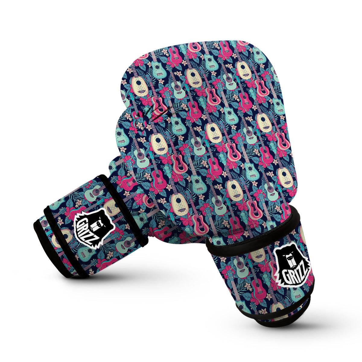 Ukulele And Hibiscus Print Pattern Boxing Gloves-grizzshop