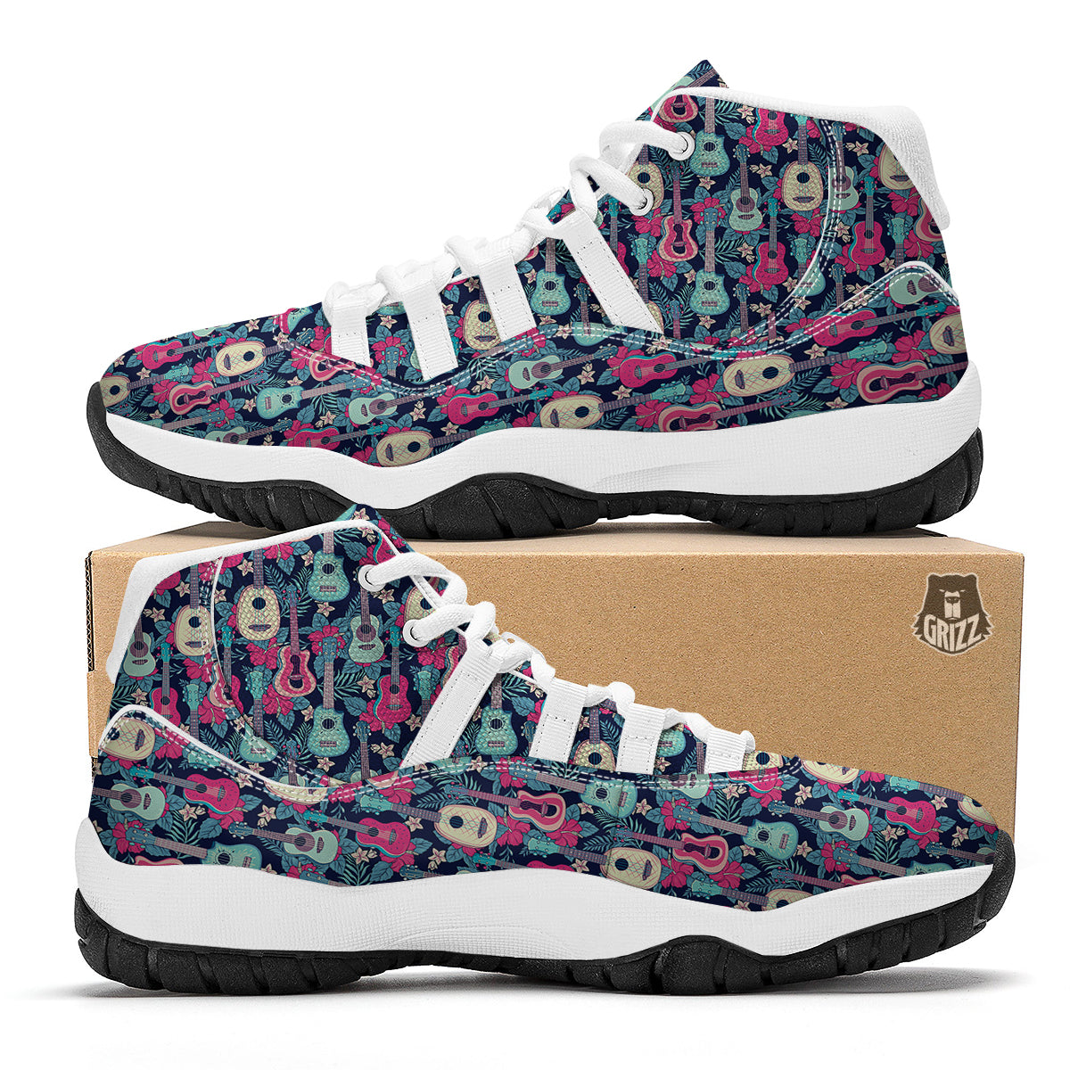 Ukulele And Hibiscus Print Pattern White Bball Shoes-grizzshop