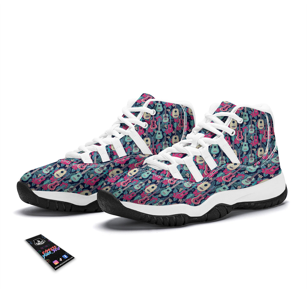 Ukulele And Hibiscus Print Pattern White Bball Shoes-grizzshop