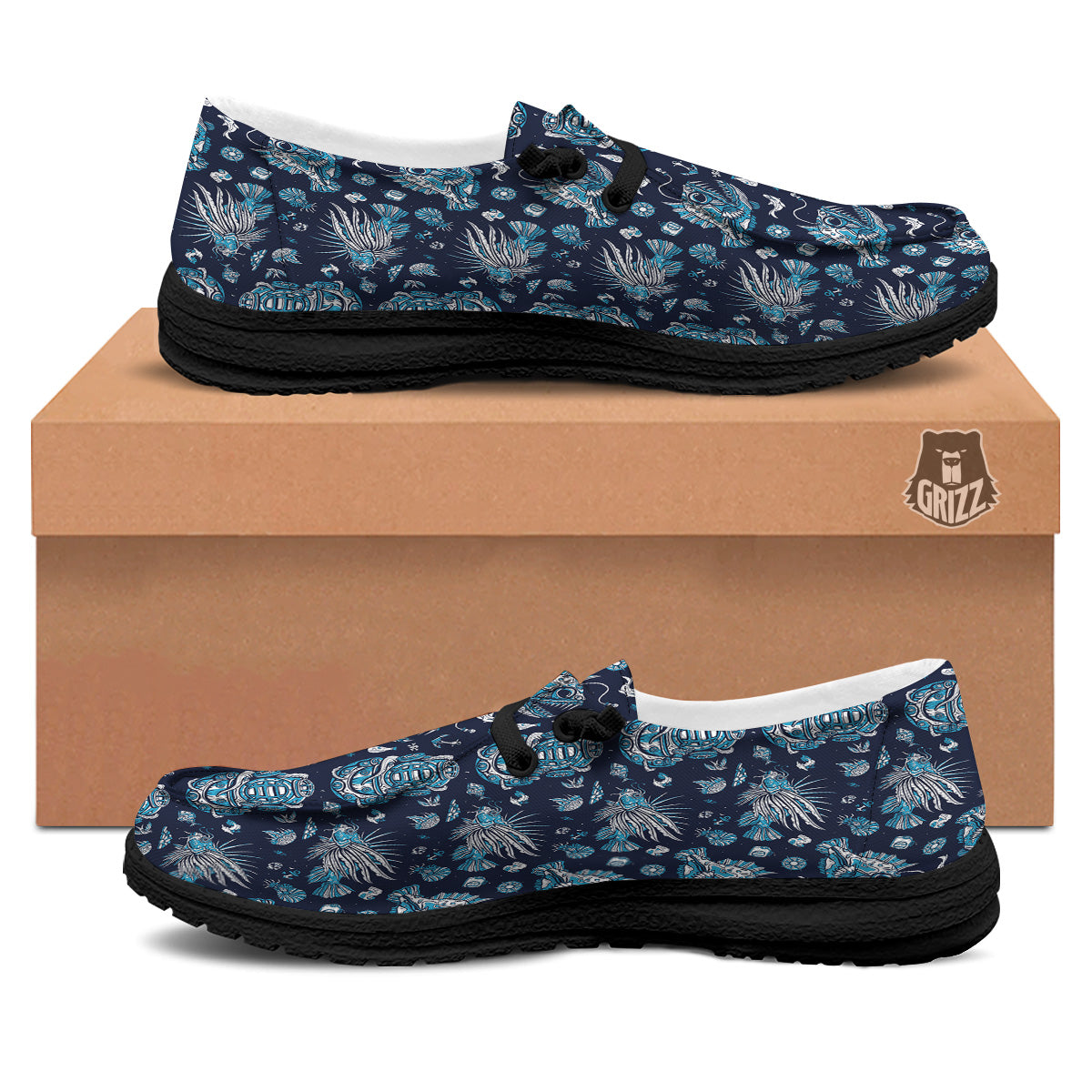 Underwater Blue Tattoo Print Pattern Black Loafers-grizzshop