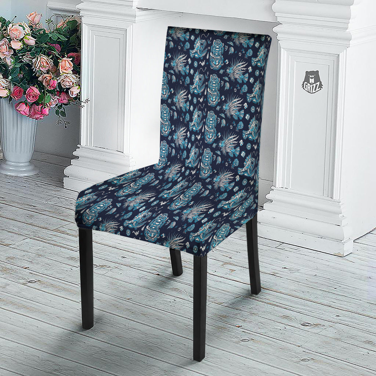 Underwater Blue Tattoo Print Pattern Dining Chair Slipcover-grizzshop