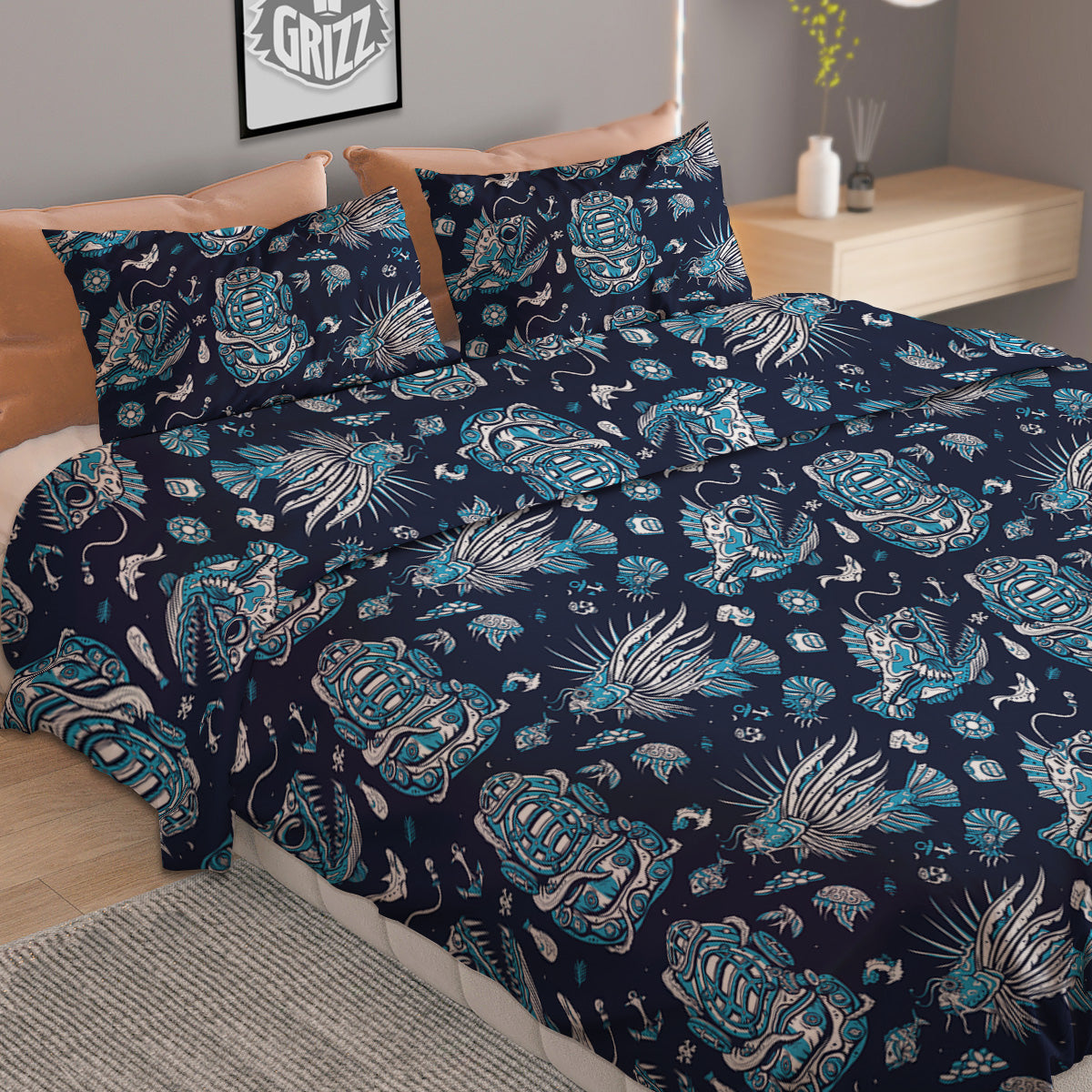 Underwater Blue Tattoo Print Pattern Duvet Cover Bedding Set