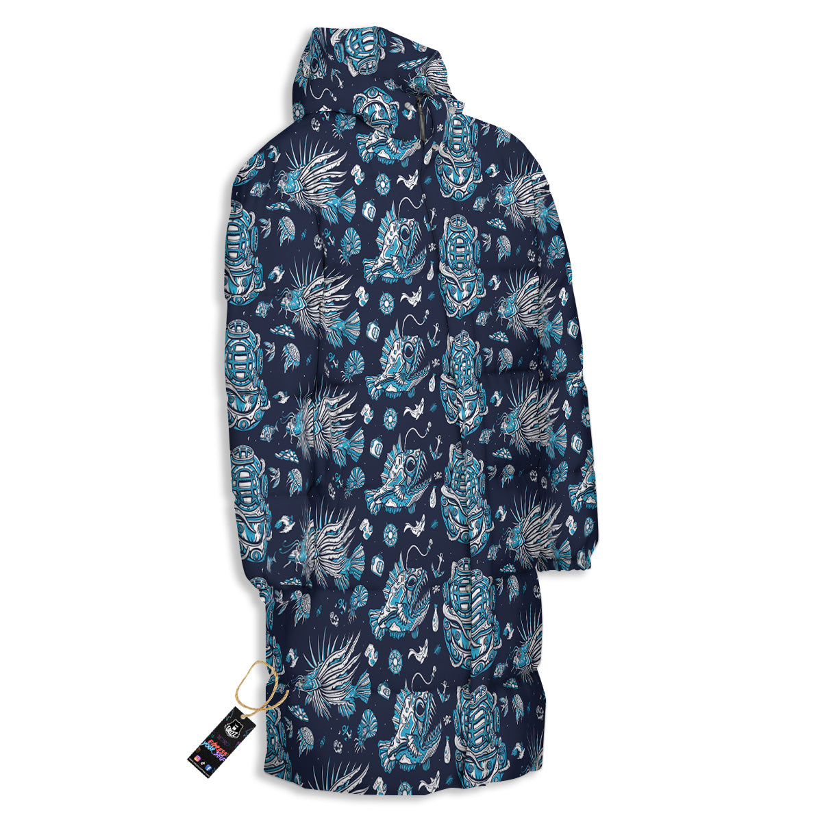 Underwater Blue Tattoo Print Pattern Long Down Jacket-grizzshop