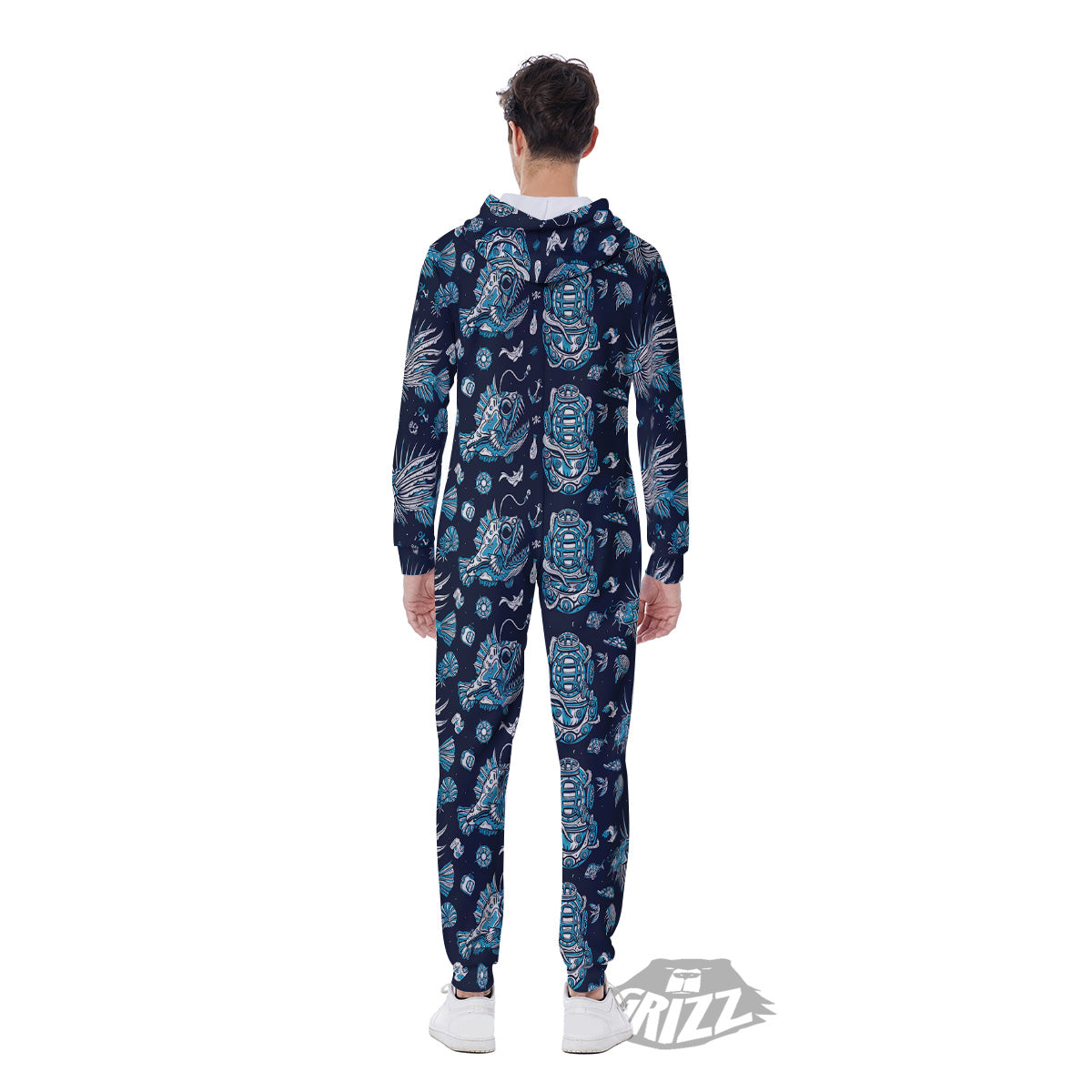 Underwater Blue Tattoo Print Pattern Men's Jumpsuit-grizzshop