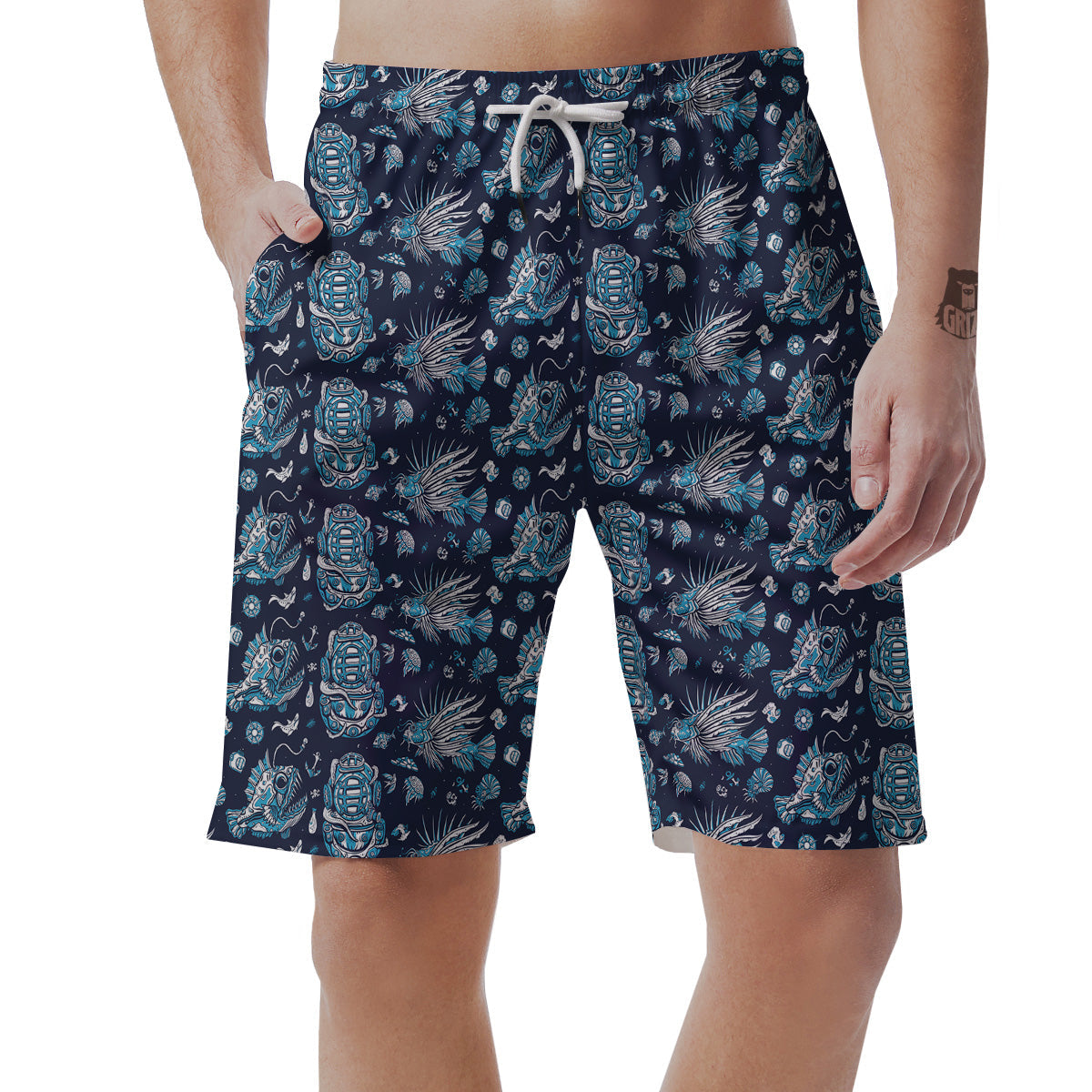 Underwater Blue Tattoo Print Pattern Men's Shorts-grizzshop