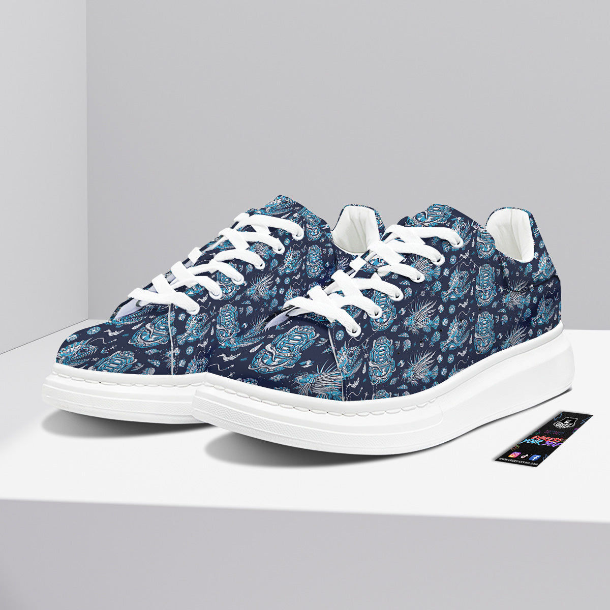 Underwater Blue Tattoo Print Pattern Platform Shoes-grizzshop