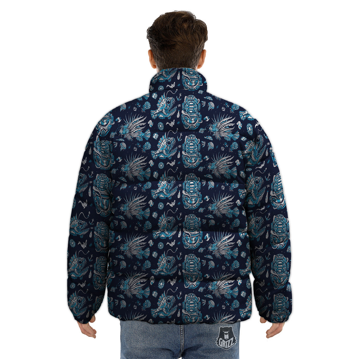 Underwater Blue Tattoo Print Pattern Puffer Jacket-grizzshop