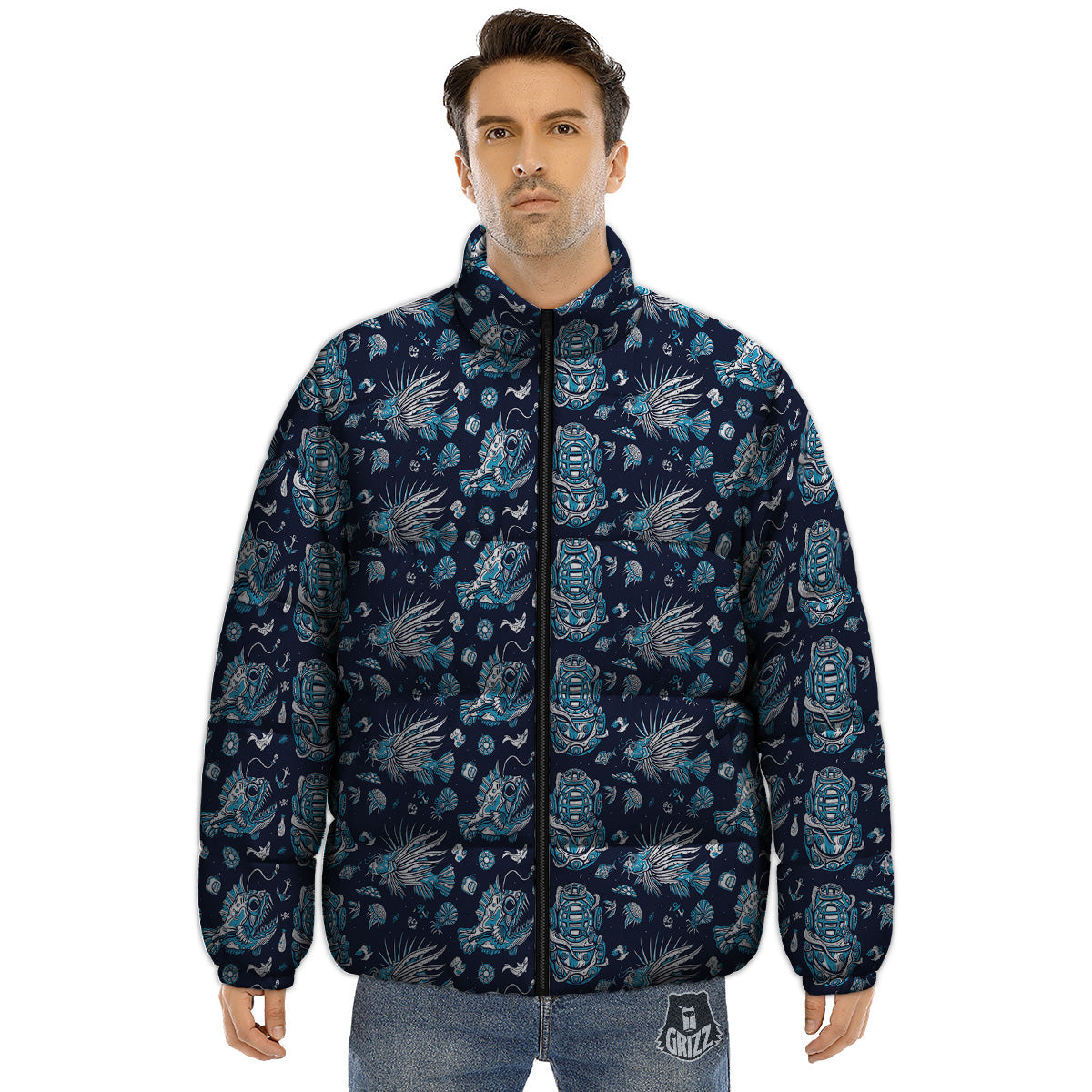 Underwater Blue Tattoo Print Pattern Puffer Jacket-grizzshop