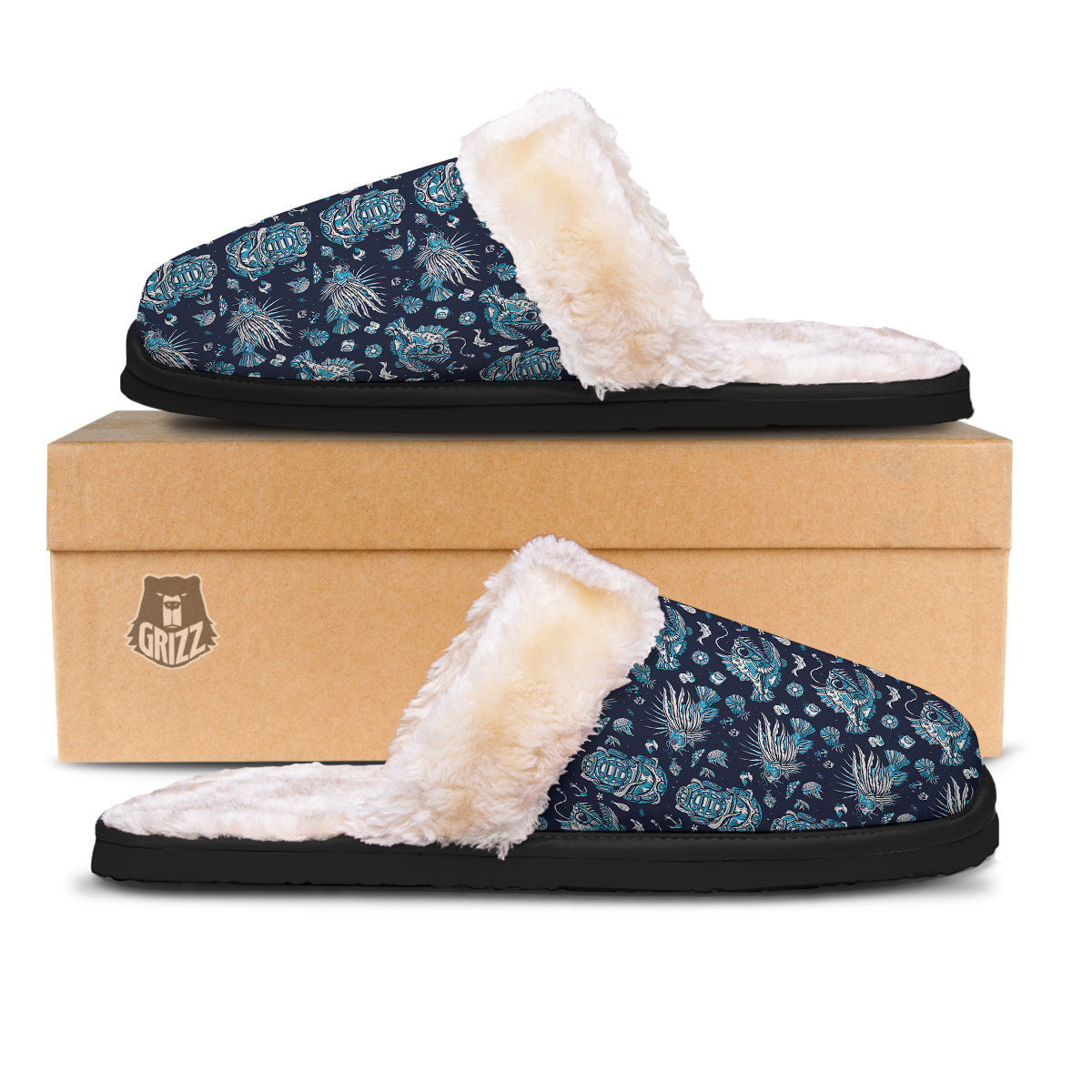 Underwater Blue Tattoo Print Pattern Slippers-grizzshop