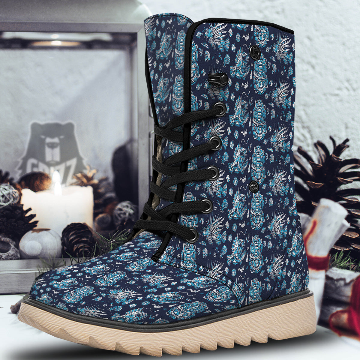 Underwater Blue Tattoo Print Pattern Snow Boots-grizzshop