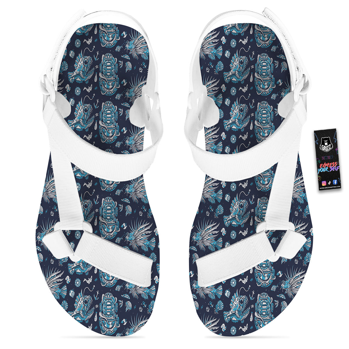 Underwater Blue Tattoo Print Pattern White Open Toe Sandals-grizzshop