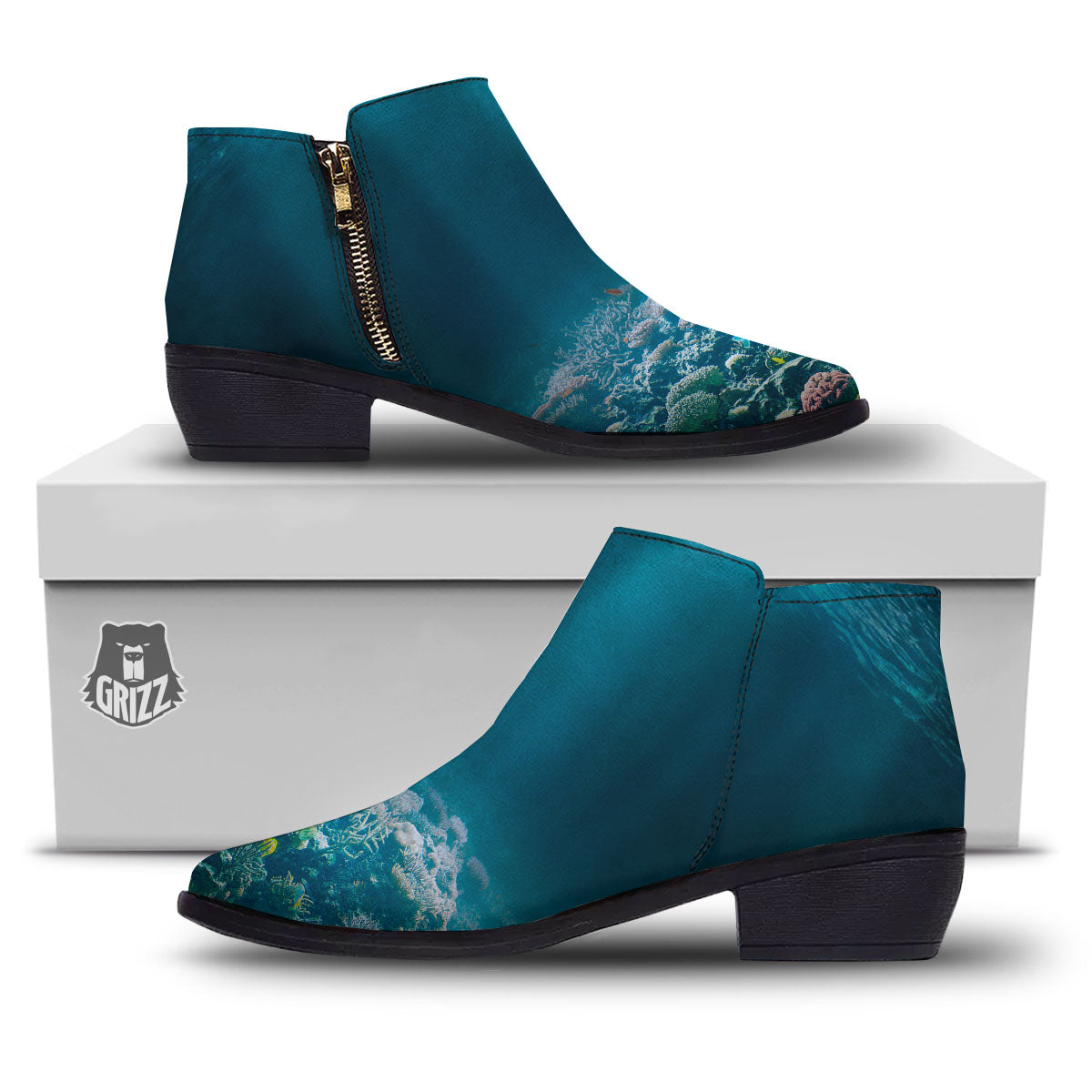 Underwater Ocean Print Ankle Boots-grizzshop