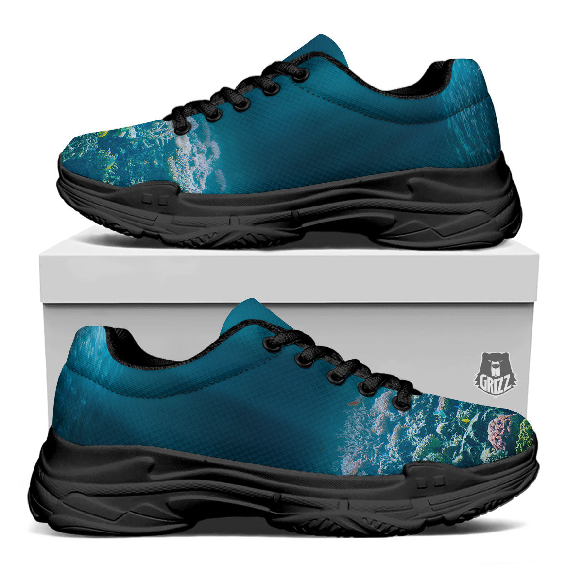 Underwater Ocean Print Black Chunky Shoes-grizzshop