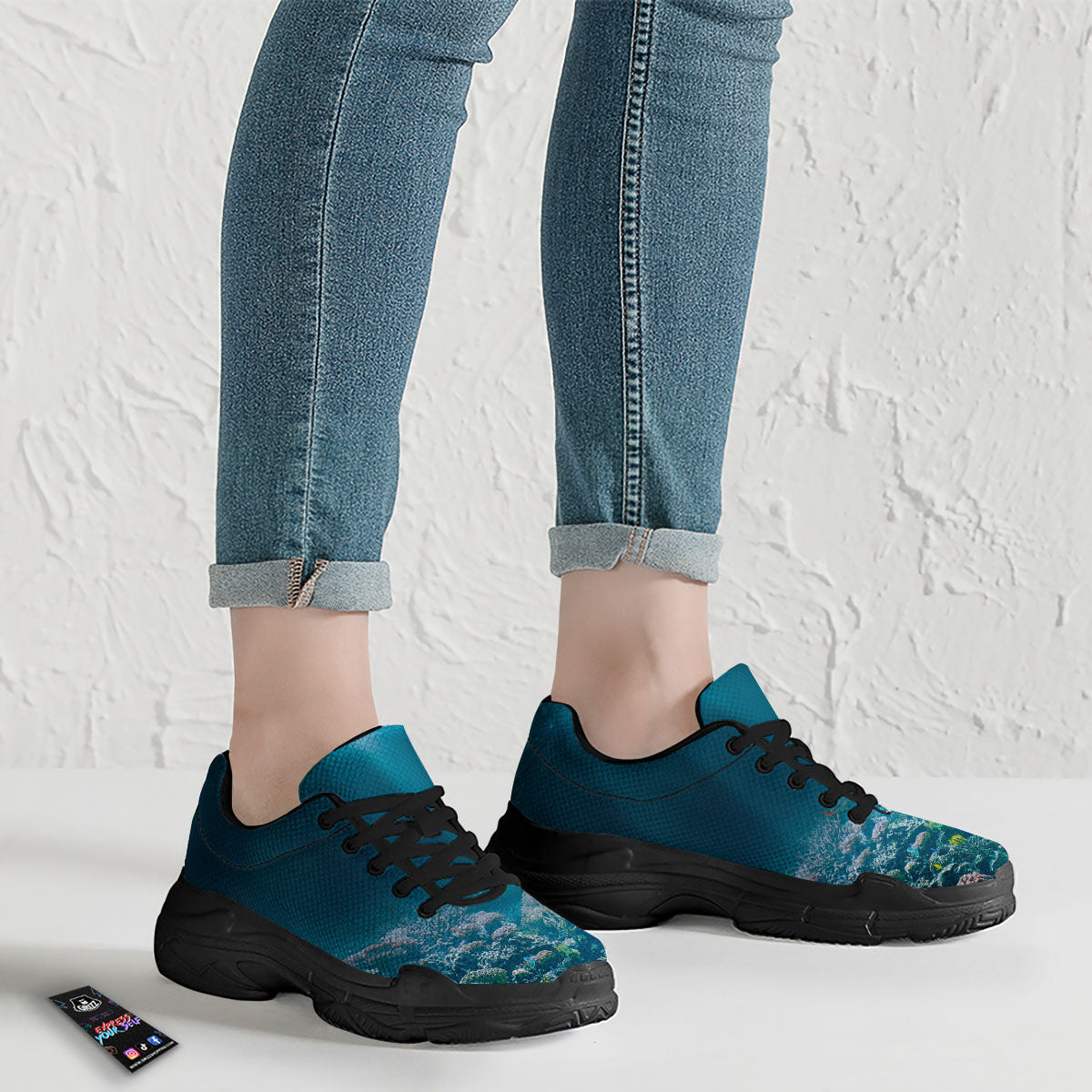 Underwater Ocean Print Black Chunky Shoes-grizzshop