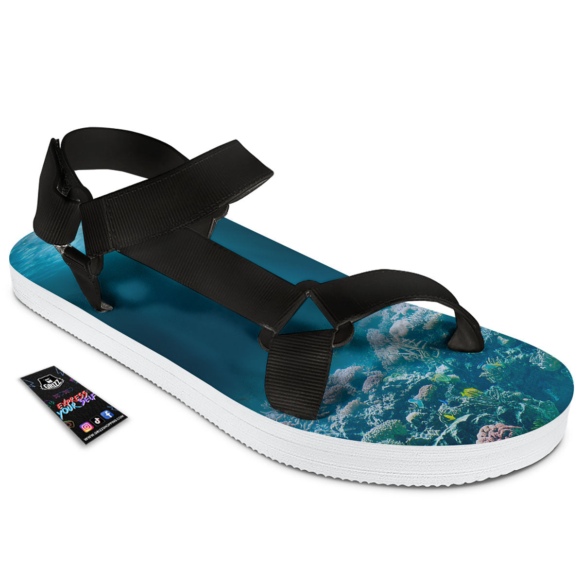 Underwater Ocean Print Black Open Toe Sandals-grizzshop