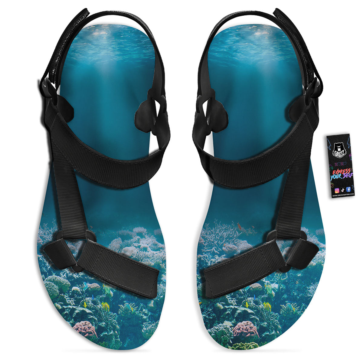 Underwater Ocean Print Black Open Toe Sandals-grizzshop