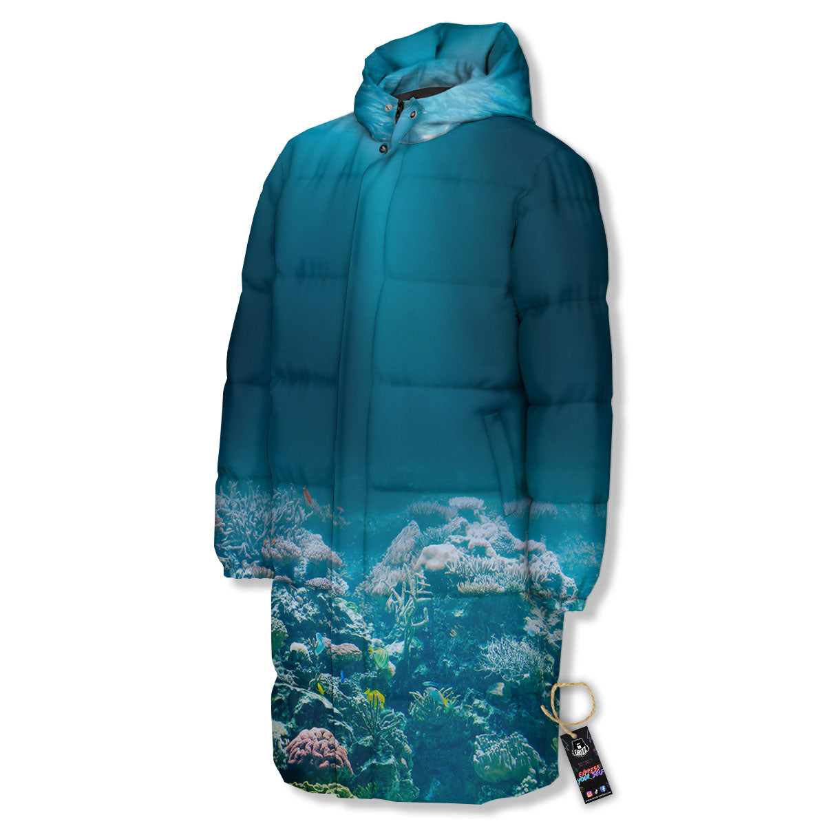Underwater Ocean Print Long Down Jacket-grizzshop