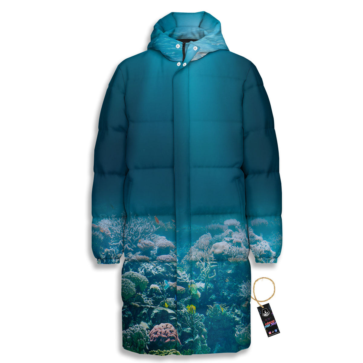 Underwater Ocean Print Long Down Jacket-grizzshop
