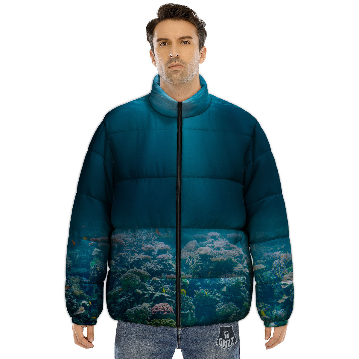 Underwater Ocean Print Puffer Jacket-grizzshop