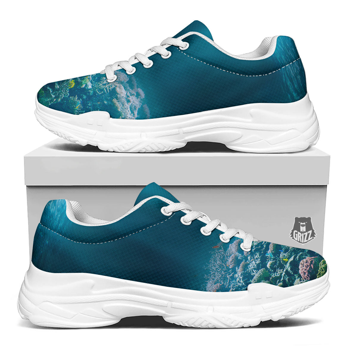 Underwater Ocean Print White Chunky Shoes-grizzshop