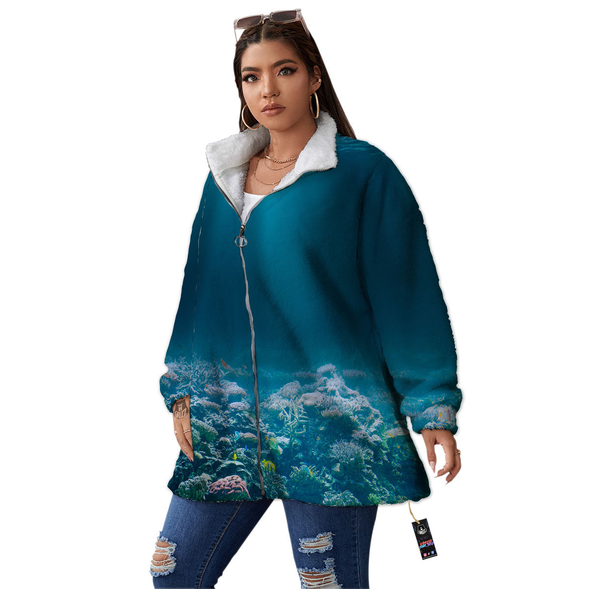 Underwater Ocean Print Women's Sherpa Jacket-grizzshop