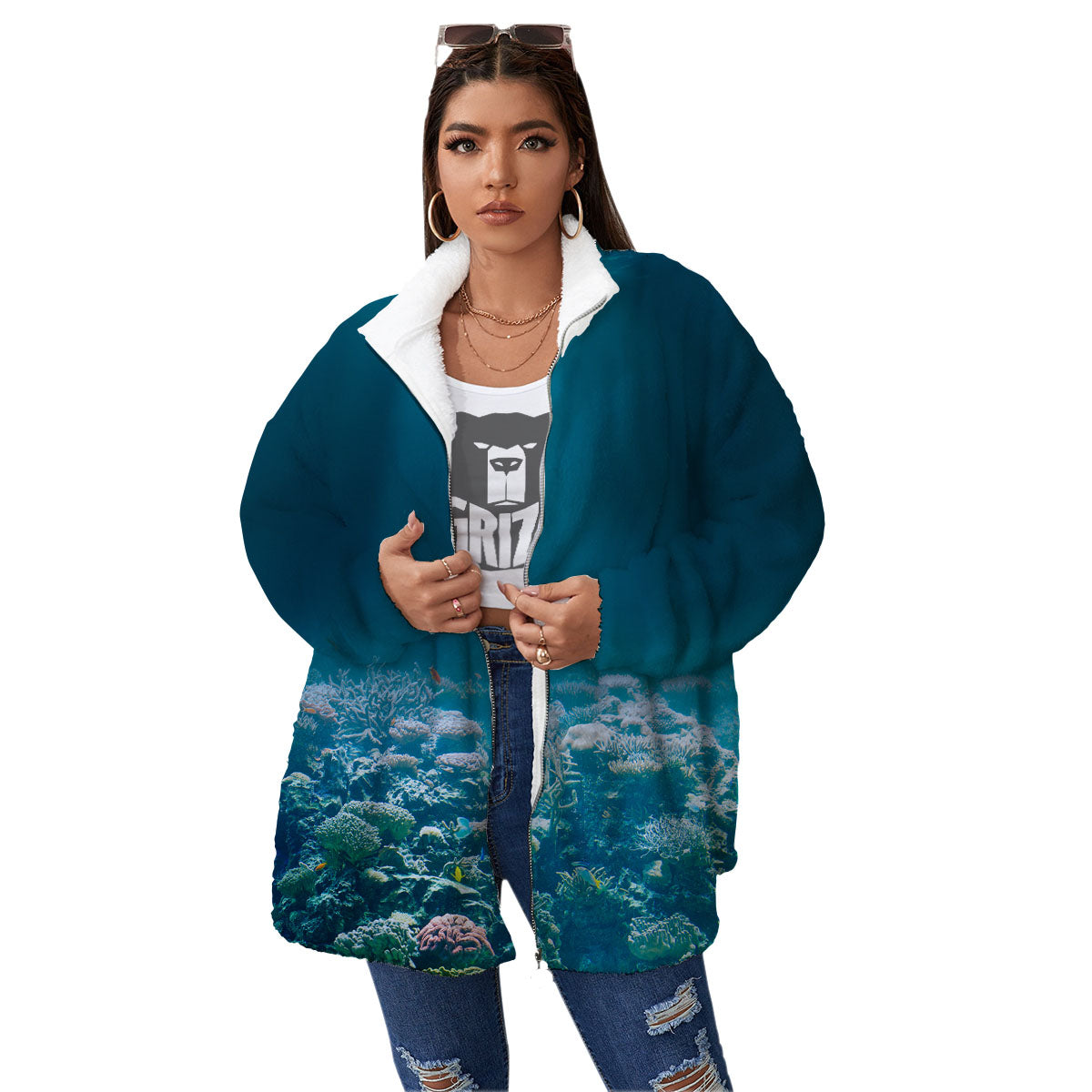Underwater Ocean Print Women's Sherpa Jacket-grizzshop