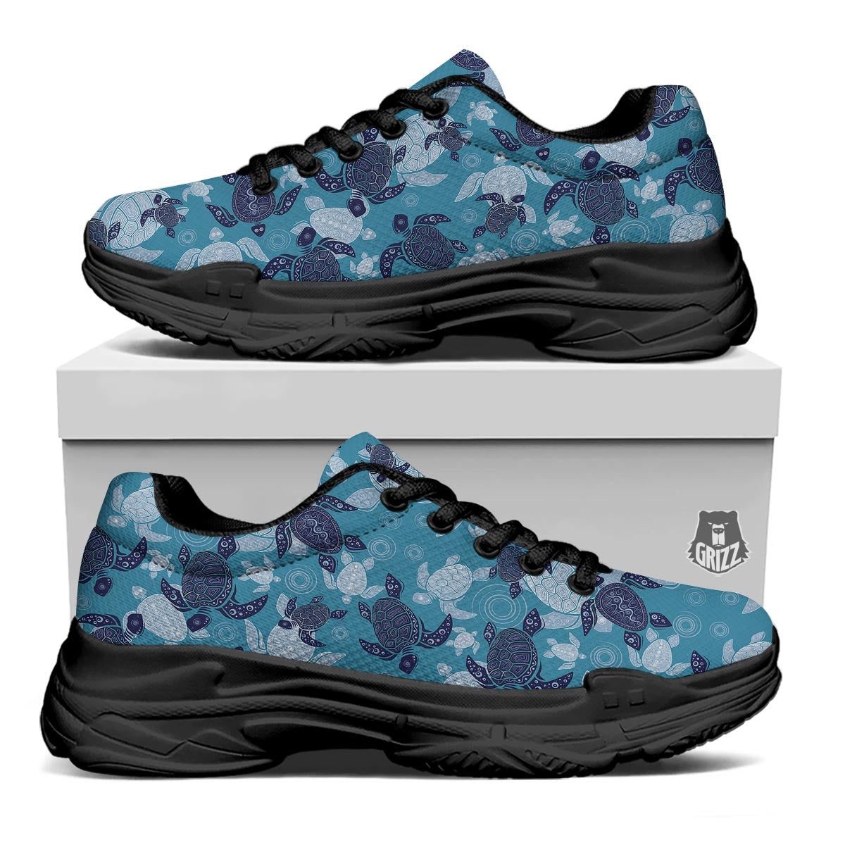 Underwater Sea Turtle Family Print Pattern Black Chunky Shoes-grizzshop