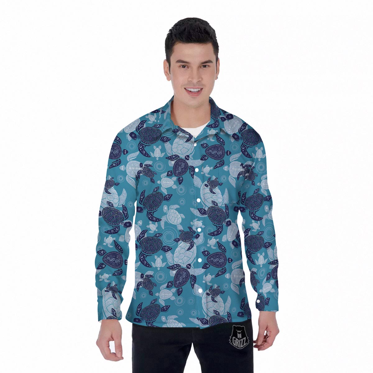Underwater Sea Turtle Family Print Pattern Men's Long Sleeve Shirts-grizzshop