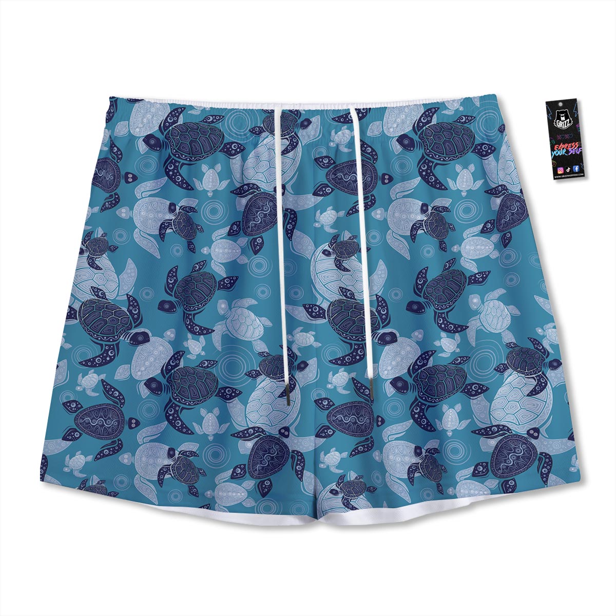 Underwater Sea Turtle Family Print Pattern Mesh Shorts