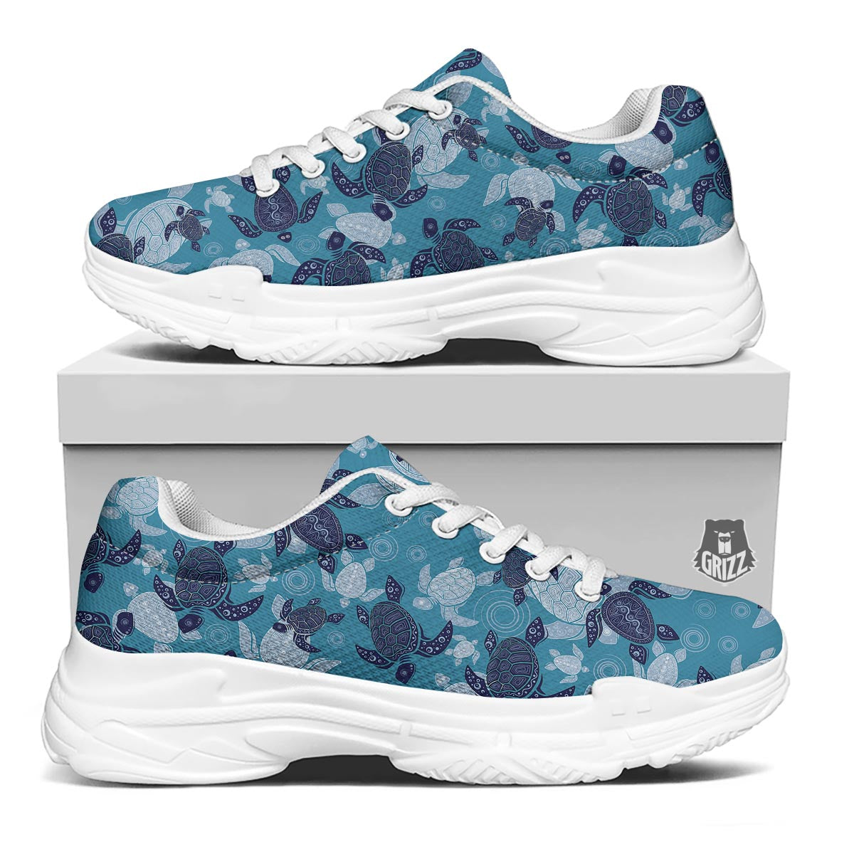 Underwater Sea Turtle Family Print Pattern White Chunky Shoes-grizzshop