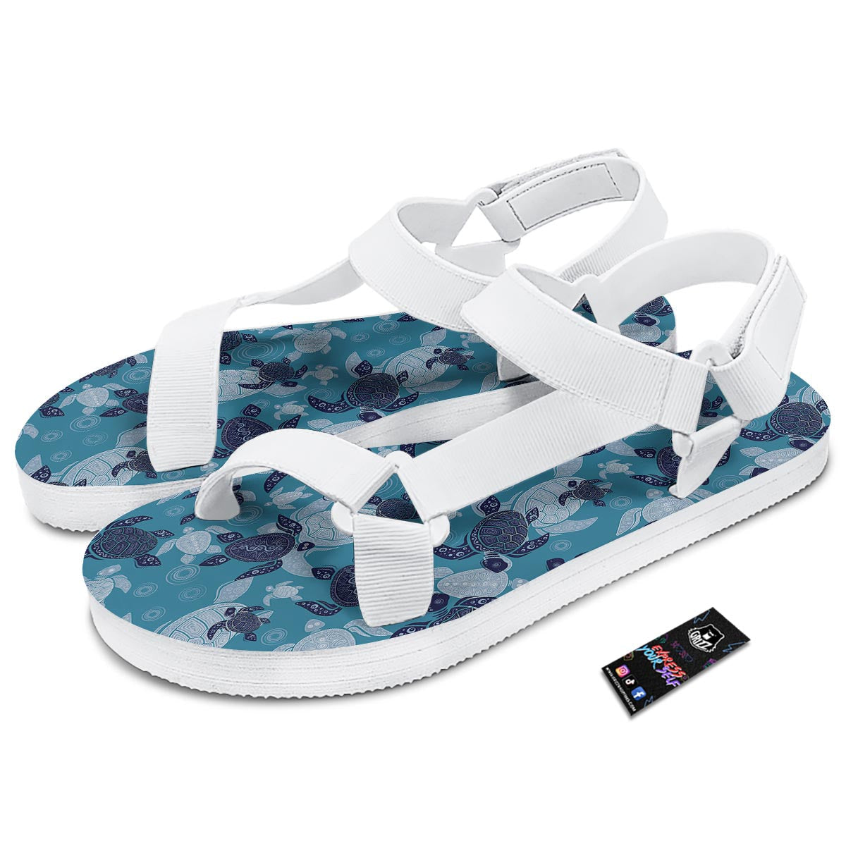 Underwater Sea Turtle Family Print Pattern White Open Toe Sandals