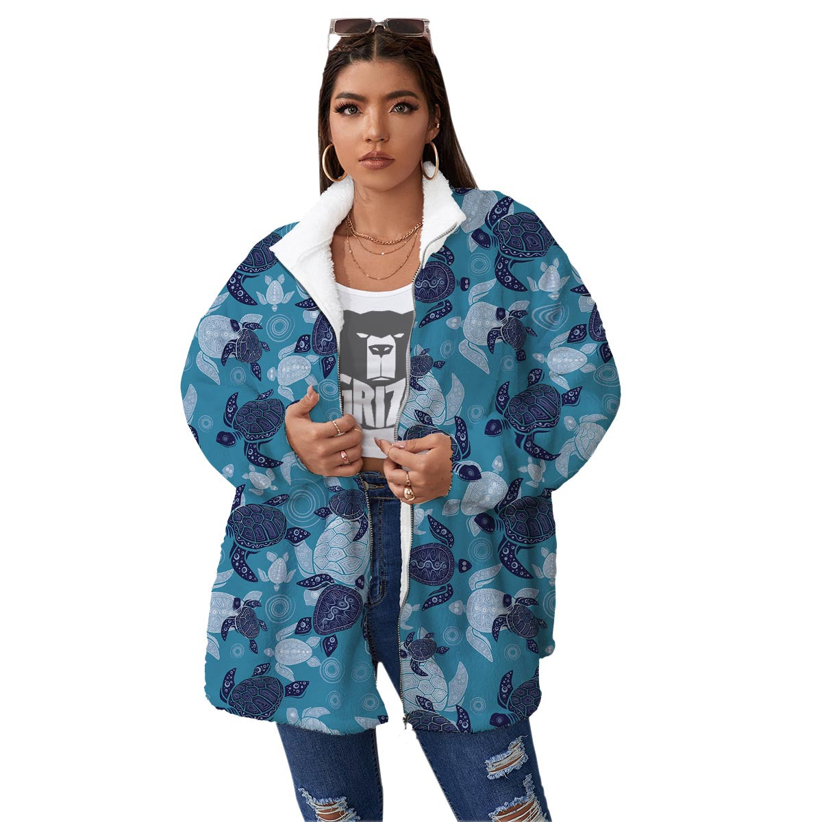 Underwater Sea Turtle Family Print Pattern Women's Sherpa Jacket-grizzshop