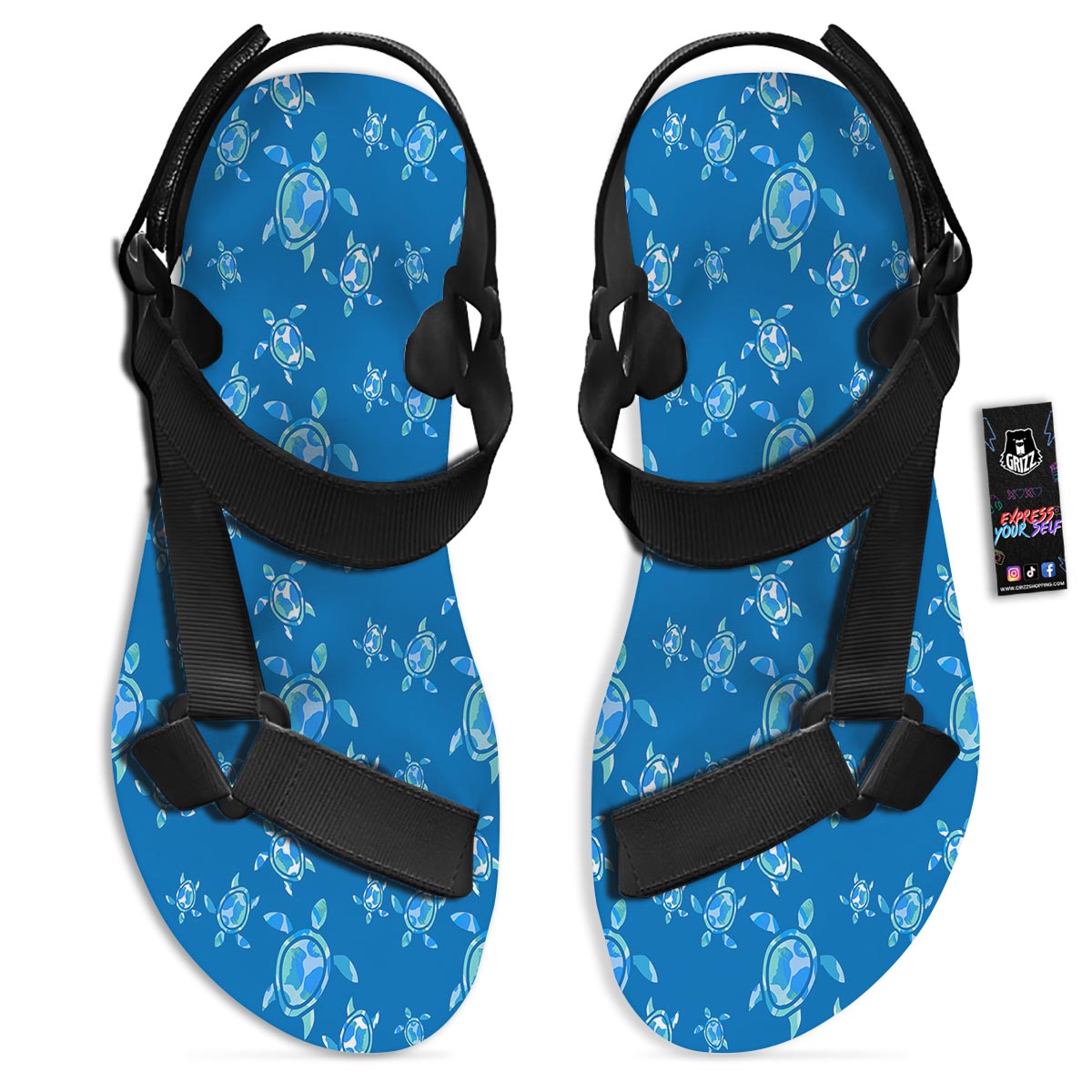 Underwater Sea Turtle Print Pattern Black Open Toe Sandals-grizzshop