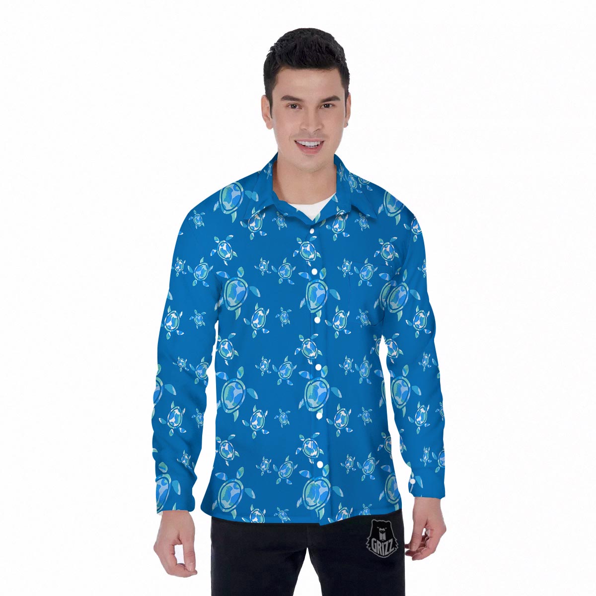 Underwater Sea Turtle Print Pattern Men's Long Sleeve Shirts-grizzshop