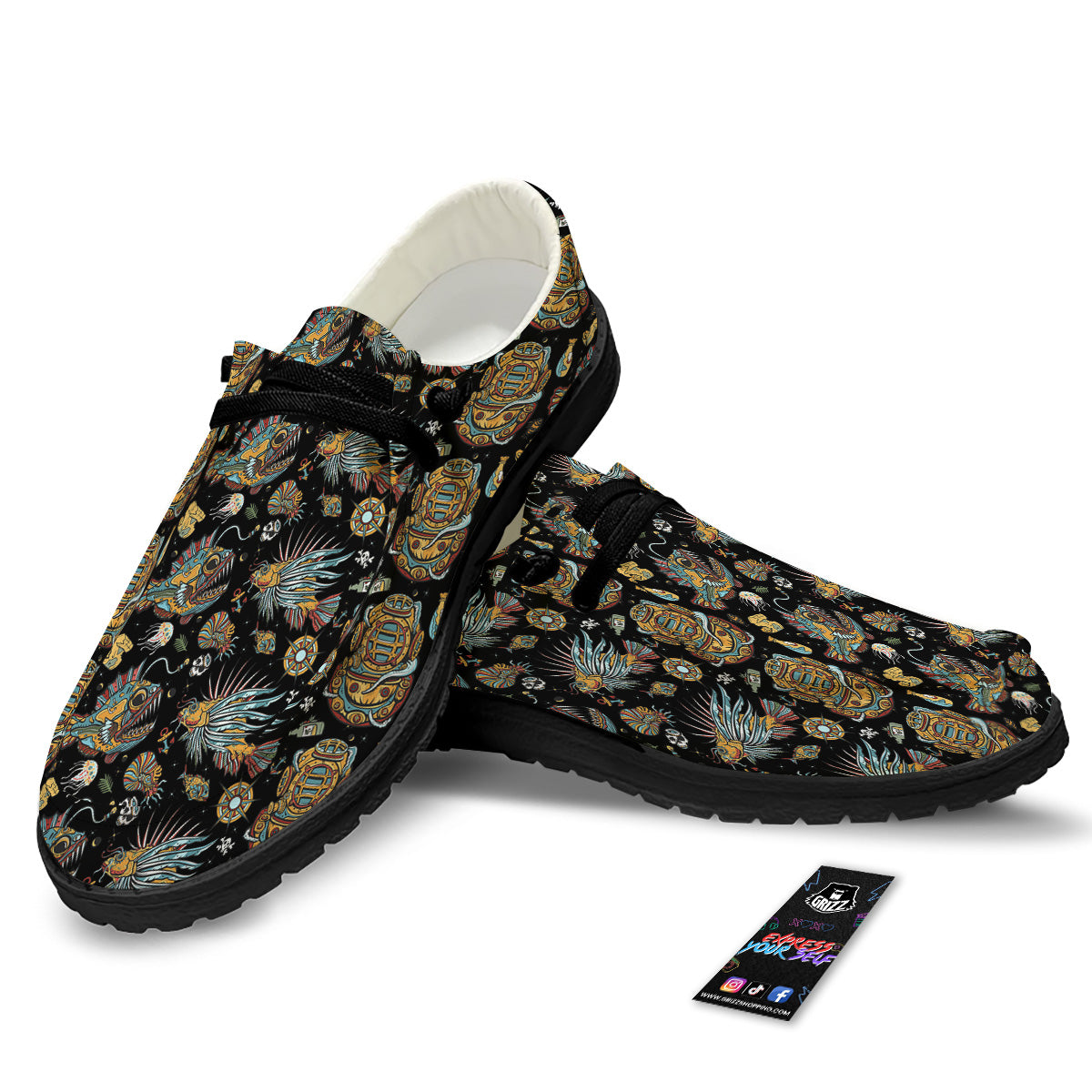 Underwater World Colorful Print Pattern Black Loafers-grizzshop